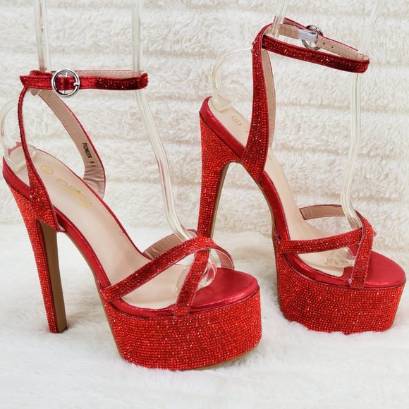 Bejeweled Pandora Bright Red Sparkling Rhinestone Platform 6.5" Heels Shoes - Picture 11 of 17